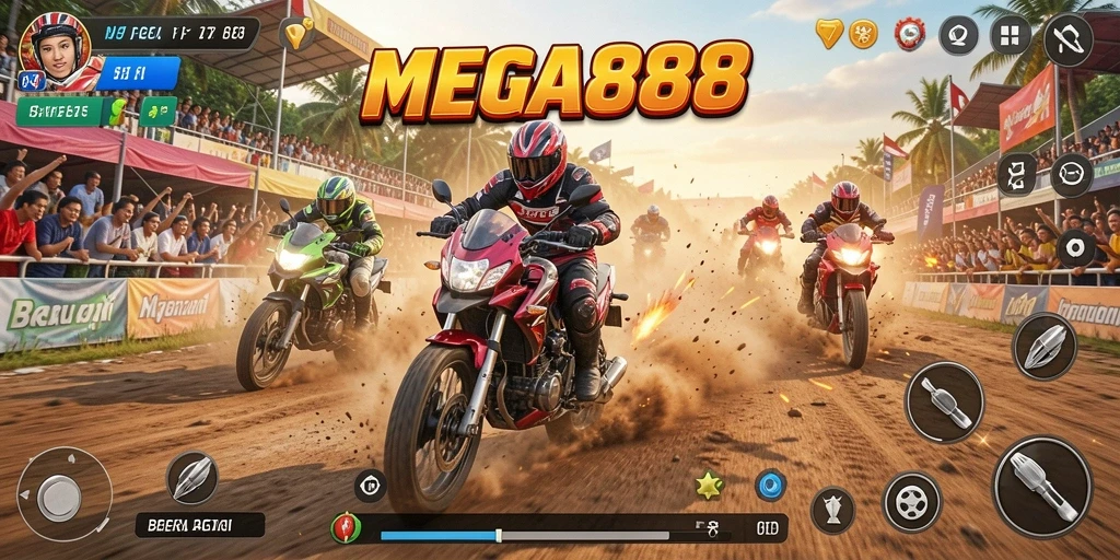 Screenshot dari gameplay MEGA888 yang menampilkan balapan motor seru.