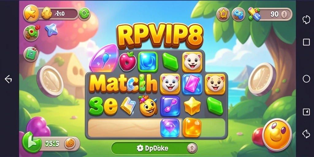 Screenshot RPVIP8 menunjukkan gameplay Match-3 yang penuh warna.